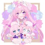  1girl bare_shoulders blue_flower blue_rose character_doll commentary_request cyrene_(aedes_elysiae)_(honkai:_star_rail) cyrene_(honkai:_star_rail) cyrene_(ripples_of_past_reverie)_(honkai:_star_rail) diamond-shaped_pupils diamond_(shape) doll earrings flower hair_flower hair_ornament highres holding holding_doll honkai:_star_rail honkai_(series) jewelry kanaria_(mint_tea1256) long_hair looking_at_viewer mem_(honkai:_star_rail) multicolored_hair pink_flower pink_hair pink_rose pointy_ears purple_eyes purple_flower purple_rose rose solo symbol-shaped_pupils two-tone_hair very_long_hair white_hair 