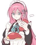  ... 1girl alternate_costume anger_vein aubrey_(faraway)_(omori) aubrey_(omori) blue_eyes bottle closed_mouth double-parted_bangs enmaided food gloves hair_between_eyes highres holding holding_bottle ketchup ketchup_bottle long_hair long_sleeves looking_at_viewer maid maid_headdress omelet omori omurice pink_hair simple_background solo speech_bubble spoken_ellipsis upper_body white_background white_gloves wktdms1 