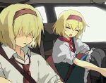  2girls alice_margatroid blonde_hair blue_dress capelet car_interior cigarette closed_eyes commentary_request cookie_(touhou) dress frilled_hairband frills grey_pantyhose hair_over_eyes hairband highres ichigo_(cookie) jigen_(cookie) multiple_girls okkei open_mouth pantyhose red_hairband seatbelt short_hair sitting smile smoking touhou white_capelet 