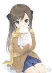  ;3 artist_name bad_id bad_twitter_id blush bow brown_eyes brown_hair cat coat collar covered_mouth dated hair_bow half_updo idolmaster idolmaster_cinderella_girls kiya_shii kneeling long_hair plaid plaid_scarf scarf skirt tachibana_arisu 