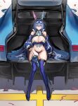  1girl azur_lane blue_eyes blue_hair blue_panties blue_shrug blue_thighhighs blue_umbrella breasts car car_trunk cleavage full_body highleg highleg_panties highres in_trunk large_breasts long_hair looking_at_viewer lump_saury motor_vehicle navel necktie new_jersey_(azur_lane) new_jersey_(black_blur_prelude)_(azur_lane) official_alternate_costume panties race_queen race_vehicle racecar short_necktie shrug_(clothing) sitting solo thighhighs umbrella underwear 