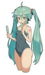  1girl ahoge aqua_eyes aqua_hair breasts bright_pupils commentary covered_navel cropped_legs double-parted_bangs food grey_one-piece_swimsuit hair_between_eyes hatsune_miku highres holding holding_food holding_popsicle long_hair mottoyo number_tattoo one-piece_swimsuit popsicle shoulder_tattoo small_breasts swimsuit tattoo thighs twintails very_long_hair vocaloid white_background white_pupils 