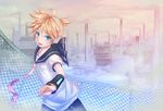  ahoge bad_id bad_pixiv_id blonde_hair blue_eyes factory fence headset industrial kagamine_len male_focus necktie open_mouth smile smoke smokestack solo vocaloid 