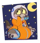 2025 3_fingers 3_toes ambiguous_gender anthro astro_wolf_(zootopia) black_nose black_pawpads blue_pacifier blush blush_lines border brown_body brown_fur brown_tail brown_tail_tip canid canine canis claws clean_diaper clothed clothing cosmic_background diaper diaper_under_clothing diaper_under_onesie dipstick_tail disney embarrassed feet finger_claws fingers fur hand_on_face hi_res holding_object leg_markings looking_offscreen mammal markings moon object_in_mouth onesie open_mouth pacifier pacifier_in_mouth pawpads sharp_teeth signature sitting socks_(marking) solo space space_background space_helmet star tail tail_markings teeth toes toy wearing_diaper white_border woffleboom wolf yellow_eyes zipper zootopia