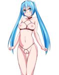  1girl aqua_eyes aqua_hair bare_shoulders blush bra breastless_clothes breasts crotchless crotchless_panties cupless_bra female functional_nudity hatsune_miku highres long_hair looking_at_viewer mujakuma navel nipples panties photoshop pussy simple_background smile solo standing thigh_gap twintails uncensored underwear very_long_hair vocaloid white_background 