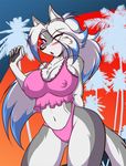  big_breasts black_nose blue_eyes blue_hair blush breasts camel_toe canine cleavage clothed clothing female fur grey_fur hair long_hair looking_at_viewer mammal mastergodai multi-colored_hair navel panties skimpy solo thighs underwear white_fur white_hair wide_hips wolf 