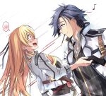  1boy 1girl alisa_reinford black_gloves black_hair blonde_hair blush coat cropped_jacket earrings eighth_note eiyuu_densetsu embarrassed english_commentary floating_hair food food_in_mouth gloves hair_between_eyes high_collar highres holding_hands incoming_pocky_kiss jacket jewelry long_hair long_sleeves mullet musical_note open_clothes open_coat open_mouth parted_bangs pocky pocky_day pocky_in_mouth purple_eyes rean_schwarzer red_eyes sen_no_kiseki_(series) sen_no_kiseki_iii short_hair smile speech_bubble spirit_rise sweatdrop 