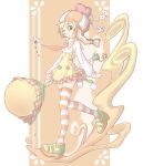  1girl bee blonde_hair bow breasts brown_background bug candy closed_mouth collared_shirt commentary_request dress flower food full_body green_eyes hat holding holding_candy holding_food holding_lollipop lollipop lollipop_in_mouth long_sleeves looking_at_viewer medium_breasts necktie one_eye_closed orange_flower orange_hat orange_necktie orange_thighhighs original oversized_food oversized_object platform_shoes ribbon shirt shoes short_dress short_hair solo striped_clothes striped_thighhighs thighhighs two-tone_background two-tone_hat underbust walking white_background white_bow white_hat white_shirt yellow_dress yellow_ribbon yellow_shoes yuki_dango 