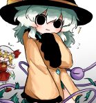  2girls ascot black_eyes black_hat blonde_hair blush bottomless bow buttons clenched_hand closed_eyes collar convenient_censoring cowboy_shot crystal_wings diamond_button empty_eyes exploding_clothes flandre_scarlet floral_print floral_print_skirt frilled_skirt frilled_sleeves frills gradient_background green_collar green_hair green_skirt hand_up hat hat_bow hat_ribbon heripantomorrow komeiji_koishi long_sleeves looking_at_viewer mob_cap multiple_girls open_mouth print_skirt red_bow red_shoes red_skirt red_vest ribbon shirt shoes short_sleeves side_ponytail skirt skirt_set smile surprised third_eye touhou translated vest white_shirt wide_sleeves wings yellow_ascot yellow_bow yellow_ribbon yellow_shirt 