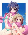  bikini black_hair blush_stickers brown_hair ezaki_hitomi glasses highres matatabi_(2ccp) multiple_girls purple_eyes saki saki_achiga-hen scarf swimsuit yasukouchi_yoshiko 