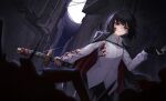  1girl absurdres black_gloves black_hair black_jacket blood blood_on_clothes blood_on_face blood_on_hands bob_cut cigarette collared_shirt commentary_request dutch_angle full_moon glint gloves highres holding holding_cigarette holding_sword holding_weapon jacket jacket_on_shoulders lead_pipe limbus_company long_sleeves looking_at_viewer moon night open_mouth outdoors pants project_moon red_eyes reflector178 ryoshu_(project_moon) sheath sheathed shirt short_hair single_glove smile smoke solo sword translation_request weapon white_shirt 