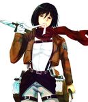  bad_id bad_pixiv_id bandages belt black_eyes black_hair dual_wielding emblem highres holding jacket mikasa_ackerman paradis_military_uniform scarf shingeki_no_kyojin short_hair solo sword thigh_strap three-dimensional_maneuver_gear training_corps_(emblem) weapon x&amp;x&amp;x 