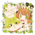  1girl :d animal black_ribbon blush brown_hair cat clothed_animal clover collared_shirt commentary eyelashes four-leaf_clover green_eyes hair_ribbon highres looking_at_viewer maid_headdress open_mouth original ribbon ryokuno_green shirt smile sparkle teeth upper_teeth_only white_background 