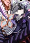  1girl bug centipede commentary_request demon_slayer_uniform highres holding holding_sword holding_weapon incest japanese_clothes kimetsu_no_yaiba kochou_shinobu multicolored_hair purple_eyes sword teeth thenami veins weapon 