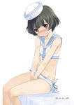  akizuki_ryou bad_id bad_twitter_id bikini black_hair blush brown_eyes bulge crossdressing dixie_cup_hat erection hat idolmaster idolmaster_dearly_stars kiya_shii male_focus military_hat otoko_no_ko sailor_bikini sailor_collar sailor_hat sailor_swimsuit_(idolmaster) short_hair sitting solo swimsuit 