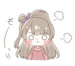  1girl :t blush bow chibi chibi_only commentary_request grey_hair hair_bow hair_rings highres kiryu_(sora_no_iroto) looking_at_viewer love_live! love_live!_school_idol_project minami_kotori o_o pink_sweater pout puff_of_air purple_bow single_hair_ring solo sweater v-shaped_eyebrows 