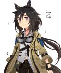  1girl animal_ears black_gloves black_hair black_pants blush brown_eyes brown_hair closed_mouth coat collared_shirt ear_covers fingerless_gloves gloves goggles goggles_around_neck gradient_eyes hair_between_eyes highres horse_ears horse_girl horse_tail long_hair mgr3na2sup_6 multicolored_eyes multicolored_hair open_clothes open_coat pants ponytail purple_eyes shirt simple_background smile solo stay_gold_(umamusume) streaked_hair tail umamusume white_background white_hair white_shirt yellow_coat 
