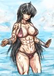  abs absurdres ahoge bad_id bad_pixiv_id bandages bikini black_hair breasts brown_eyes cleavage highres kongari_tokei large_breasts long_hair m.u.g.e.n making_of muscle muscular_female ocean original scar sendai_hakurei_no_miko sideboob solo sparkle swimsuit touhou very_long_hair yin_yang 