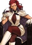  1girl armchair boots breasts chair coat coat_on_shoulders crimson_viper crossed_legs cup dark-skinned_female dark_skin drinking_glass gloves hair_slicked_back highres huge_breasts madoro_q miniskirt necktie_aside pantyhose red_hair see-through_cleavage see-through_clothes sitting skirt sleeveless smile solo street_fighter street_fighter_6 sunglasses tinted_eyewear white_boots white_coat white_skirt wine_glass wrist_cuffs yellow-tinted_eyewear 