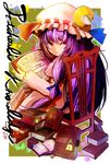  :&lt; book chair crescent hat highres jonasan_(bad-t) long_hair looking_back patchouli_knowledge purple_hair reading ribbon sitting solo touhou yellow_eyes 