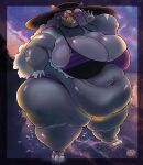 2025 3_toes 5_fingers anthro bangs beach belly belly_overhang big_belly big_breasts bikini black_bikini_bottom black_bikini_top black_border black_eyes border breasts cellulite cleavage clothed clothing cloud deep_navel detailed_background ear_piercing ear_ring ears_through_headwear eyewear eyewear_on_head fat_arms feet female fingers fluffy fluffy_hair fur generation_4_pokemon gloves_(marking) glowing glowing_eyes grey_body grey_fur grin hair hair_over_eye hand_on_hip hat headgear headwear hi_res hoop_ear_ring huge_belly huge_breasts huge_thighs leg_markings lifting_glasses long_hair looking_at_viewer markings multicolored_bikini multicolored_clothing multicolored_swimwear navel nintendo obese obese_anthro obese_female overweight overweight_anthro overweight_female piercing pokemon pokemon_(species) portrait purple_bikini_bottom purple_bikini_top purugly ring_piercing sea shaded smile smiling_at_viewer socks_(marking) solo staticsable stretch_marks striped_body striped_fur stripes stud_ear_ring studs sun_hat sunglasses sunglasses_on_head sunset swimwear thick_thighs three-quarter_view tight_clothing toes two-piece_swimsuit water watermark white_body white_fur white_hair wide_hips yellow_sclera