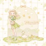  1girl animal artist_name baby_animal basket bird blonde_hair bouquet bow bug butterfly chick commentary_request covered_mouth dress duck floating_hair flower full_body grass green_dress green_eyes grid_background hat holding holding_basket holding_bouquet long_hair original picnic_basket pinafore_dress plaid_bow ryokuno_green shirt short_sleeves sleeveless sleeveless_dress sparkle spring_(season) standing sun_hat tulip watermark white_flower white_shirt white_tulip yellow_butterfly yellow_flower yellow_tulip 