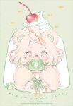  1girl animal animal_ears animal_hands animal_on_head artist_name bear_ears blush breast_pocket cheery cherry commentary_request eyelashes fish food fruit gelatin gloves green_background green_eyes holding holding_plate holding_spoon looking_at_food neck_ribbon on_head original paw_gloves plate pocket ribbon ryokuno_green shirt short_eyebrows short_hair short_sleeves sparkle spoon swept_bangs upper_body watermark whipped_cream white_hair white_shirt 