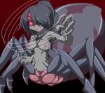  1girl amauchi arachne arachne_lord arthropod_girl black_background black_hair breasts chest_tattoo colored_skin commentary_request extra_eyes gradient_background grey_skin hair_over_one_eye large_breasts long_hair looking_at_viewer mon-musu_quest! monster_girl multiple_legs navel nipples no_pupils red_background red_eyes silk smile solo spider_girl tattoo taur 