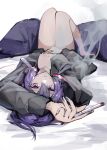  1girl breasts c.parfait cigarette commentary_request hair_ornament hand_on_own_stomach highres holding holding_cigarette jacket knees_up looking_at_viewer low_twintails lying nail_polish naked_jacket on_back on_bed open_clothes open_jacket parted_lips pillow purple_eyes purple_hair small_breasts smoke solo twintails vocaloid voiceroid yuzuki_yukari 