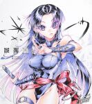  1girl black_hair blunt_ends breasts commentary cowboy_shot earrings gradient_hair hashtag-only_commentary highres holding holding_sword holding_weapon hoop_earrings jewelry katana large_breasts leotard long_hair looking_at_viewer marvel marvel_rivals multicolored_hair o-ring o-ring_thigh_strap official_alternate_costume parted_bangs parted_hair pink_hair psylocke psylocke_(sai) psylocke_(vengeance) purple_eyes purple_hair purple_leotard purple_nails qr_code red_sash ringed_eyes sample_watermark sash silver_earrings solo sparkle sunao_saito superhero_costume sword symbol-only_commentary thigh_strap watermark weapon white_background x-men 