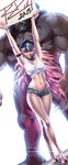  1girl armlet armpits arms_up bare_legs big_hair black_hair breasts chain choker crossed_legs cuffs denim denim_shorts dutch_angle final_fight handcuffs hat height_difference high_heels holding holding_sign hugo_andore large_breasts lips long_hair long_legs muscle navel peaked_cap pink_hair poison_(final_fight) robert_porter round_girl shoes shorts sign signature size_difference smile street_fighter street_fighter_iii_(series) tank_top very_long_hair watson_cross 