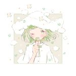  1girl bird border bow bowtie braid braided_bangs brown_background cloud_hat clover commentary_request covered_mouth eyelashes four-leaf_clover green_eyes green_hair hat holding holding_clover one_eye_closed original ryokuno_green shirt short_hair short_sleeves solo sparkle star_(symbol) white_border white_hat white_shirt 