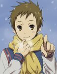  brown_eyes brown_hair fukube_satoshi hyouka jacket male_focus orange_eyes pointing rito453 scarf smile snow solo 