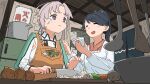  2girls :&lt; akitsushima_(kancolle) apron closed_eyes closed_mouth cooking cooking_pot crying cutting_board cutting_onions food green_apron green_ribbon grey_hair hair_ribbon highres holding holding_knife houshou_(kancolle) indoors japanese_clothes kantai_collection kappougi kitchen_knife knife long_hair long_sleeves multiple_girls onion open_mouth ponytail ribbon tears vegetable wachi_(hati1186) 