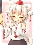  animal_ears bad_id bad_pixiv_id bare_shoulders blush detached_sleeves hat heart holding_hands inubashiri_momiji out_of_frame sawatari_(sado) short_hair silver_hair smile solo_focus tail tokin_hat touhou upper_body wolf_ears wolf_tail younger 