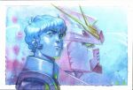  1boy 2025 amuro_ray char's_counterattack closed_mouth commentary english_commentary from_side green_eyes gundam highres looking_afar male_focus mecha mecha_pilot_suit mobile_suit normal_suit_(gundam) nu_gundam painting_(medium) pretentiousfork robot short_hair signature traditional_media upper_body v-fin watercolor_(medium) 