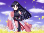  belt black_hair blue_sky bodysuit brown_eyes clothes_grab cloud day field flower flower_field high_ponytail inuyasha japanese_clothes kawahara_hisagi long_hair looking_at_viewer mountain petals ponytail red_ribbon ribbon sango sky solo very_long_hair 