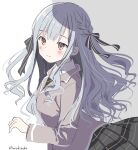  1girl bang_dream! bang_dream!_it&#039;s_mygo!!!!! black_ribbon blazer blue_hair blush closed_mouth collared_shirt commentary_request grey_jacket hair_ribbon haneoka_school_uniform highres jacket long_hair long_sleeves looking_at_viewer mizuki_toko necktie plaid_clothes plaid_skirt pleated_skirt ribbon school_uniform shirt sidelocks skirt smile solo split_mouth togawa_sakiko twitter_username two_side_up white_shirt winter_uniform yellow_eyes 