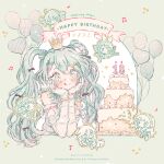  6+girls :q balloon beamed_eighth_notes birthday blush bow bracelet cake character_name character_request chibi chibi_inset closed_mouth confetti crown dated dress elbow_gloves eyelashes food gloves gold_bracelet gold_crown green_eyes green_hair hair_between_eyes hair_bow hair_ornament hairclip hands_on_own_cheeks hands_on_own_face happy_birthday hatsune_miku jewelry kagamine_rin kasane_teto layer_cake leek_hair_ornament long_hair mini_crown multiple_girls multiple_hair_bows musical_note party_popper quarter_note red_bow ryokuno_green star_(symbol) tongue tongue_out twintails twintails_with_hair_base upper_body vocaloid watermark white_dress white_gloves 