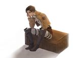  ascot black_hair boots chao crate emblem jacket jitome levi_(shingeki_no_kyojin) male_focus paradis_military_uniform shingeki_no_kyojin sitting solo survey_corps_(emblem) 