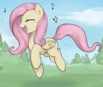  blush cloud clouds cutie_mark equine eyes_closed female feral fluttershy_(mlp) friendship_is_magic fur grass hair horse mammal my_little_pony notes open_mouth pegasus pink_hair pony singing sky smile soulspade tongue tree walking wings yellow_fur 