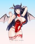  1girl arm_behind_head artist_name ass_visible_through_thighs black_hair blunt_bangs breasts claw_pose cleavage clothing_cutout commentary commission cowboy_shot demon_girl demon_horns demon_wings detached_collar english_commentary hand_in_own_hair head_wings heyreza.art highleg highleg_leotard highres horns hyuuga_hinata large_breasts leotard long_hair naruto_(series) naruto_shippuuden navel_cutout purple_eyes red_leotard solo strapless strapless_leotard thigh_gap thigh_strap variant_set very_long_hair watermark wings 