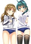  blue_buruma brown_eyes brown_hair buruma from_below green_eyes green_hair gym_uniform hino_minato_(spec.c) jacket long_hair multiple_girls panties panties_under_buruma panty_peek ponytail saegusa_wakaba shinomiya_himawari thighhighs underwear vividred_operation white_panties 