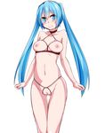  aqua_eyes aqua_hair blush breastless_clothes breasts censored crotchless female hatsune_miku highres long_hair looking_at_viewer mujakuma navel nipples pussy simple_background smile solo thigh_gap twintails very_long_hair vocaloid white_background 