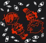  2boys antenna_hair basil_(faraway)_(omori) basil_(omori) black_background blood blood_on_clothes chibi chibi_only closed_eyes closed_mouth collared_shirt double-parted_bangs flower hair_between_eyes hair_flower hair_ornament highres holding holding_knife knife limited_palette male_focus multiple_boys omori shirt shoes short_hair shorts sidelocks simple_background socks something_(omori) spoilers stab suicide sun_iiinu sunny_(omori) sweater_vest 