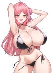  1girl ahoge aningay armpits arms_up bikini black_bikini black_choker blush breasts choker cleavage collarbone contrapposto front-tie_bikini_top front-tie_top hair_ribbon highres huge_breasts long_hair looking_at_viewer mole mole_on_breast navel open_clothes open_mouth original pink_hair presenting_armpit red_eyes ribbon shiny_skin side-tie_bikini_bottom smile solo standing swimsuit transparent_background untied_bikini wardrobe_malfunction 