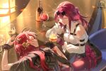  2girls alcohol bare_shoulders black_gloves black_jacket black_shorts borrowed_clothes bottle breasts chest_harness closed_eyes commentary_request cup dated detached_sleeves drinking_glass earrings elbow_rest eyewear_on_head gloves hair_between_eyes hair_ornament hand_on_own_cheek hand_on_own_face harness head_rest highres himeko_(honkai:_star_rail) honkai:_star_rail honkai_(series) implied_yuri indoors insane84699530 jacket jewelry kafka_(honkai:_star_rail) large_breasts long_hair looking_at_another multiple_girls pantyhose pantyhose_under_shorts parted_lips pince-nez ponytail purple_eyes purple_gloves purple_hair purple_pantyhose red_hair round_eyewear shirt shorts signature single_glove sitting sleeping smile spider_web_print sunglasses white_shirt wine wine_bottle wine_glass 