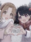  2girls :d bare_tree black_hair blush bow bowtie brown_eyes brown_hair brown_sweater coat commentary curtained_hair earmuffs fang fukumaru_koito fur-trimmed_coat fur_trim grey_coat grey_sky hair_ornament hand_up heart heart_hands heart_hands_duo ichikawa_hinana idolmaster idolmaster_shiny_colors long_sleeves looking_at_viewer medium_hair multiple_girls open_clothes open_coat open_mouth outdoors overcast parted_bangs photo_background pink_coat pom_pom_(clothes) pom_pom_hair_ornament purple_eyes red_bow red_bowtie red_scarf ribbed_sweater scarf skin_fang sky smile snow snowing snowman sweater symbol-only_commentary takada_(pixiv_97599311) tree twintails white_coat white_scarf winter winter_clothes 
