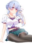  1girl absurdres arm_support belt black_pantyhose blue_hair blush braid breasts camisole collarbone commentary crown_braid foot_out_of_frame green_skirt hair_bun hair_ornament hand_up highres holding holding_own_hair kyamiuu long_hair looking_at_viewer medium_breasts miniskirt navel pantyhose pink_camisole pleated_skirt red_eyes shirt short_hair simple_background sitting skirt solo sorakado_ao summer_pockets twintails vest white_background white_shirt white_vest 