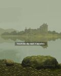  castle day english_text forest green_theme hashtag-only_commentary highres island lake mountainous_horizon nature onlypixeeels original outdoors pixel_art reflection reflective_liquid rock ruins scenery shore tree 